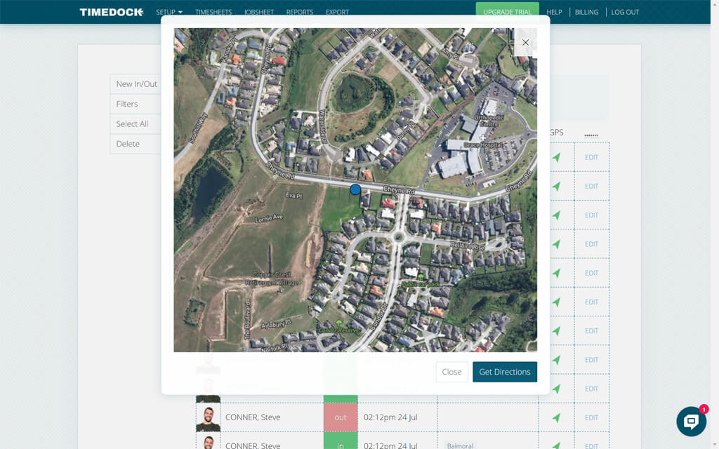 TimeDock time entries with GPS location displayed on map