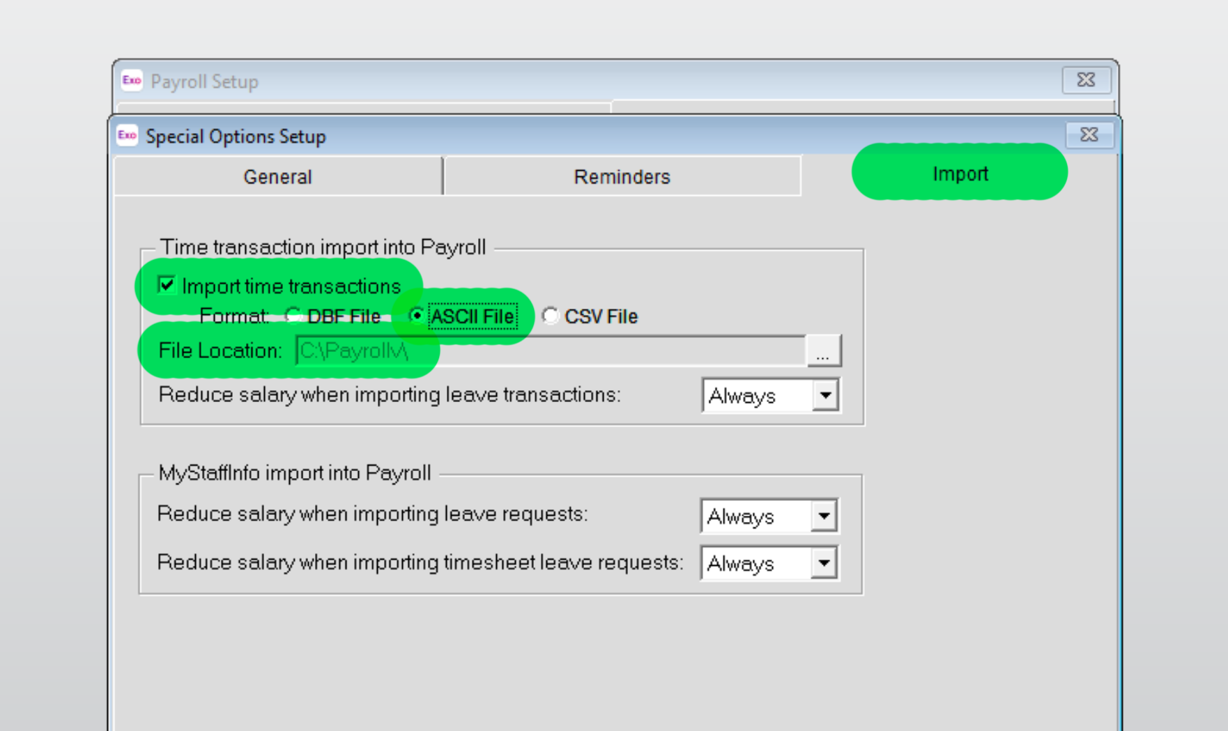 MYOB Exo Payroll Setup - Enable Time Transactions Import