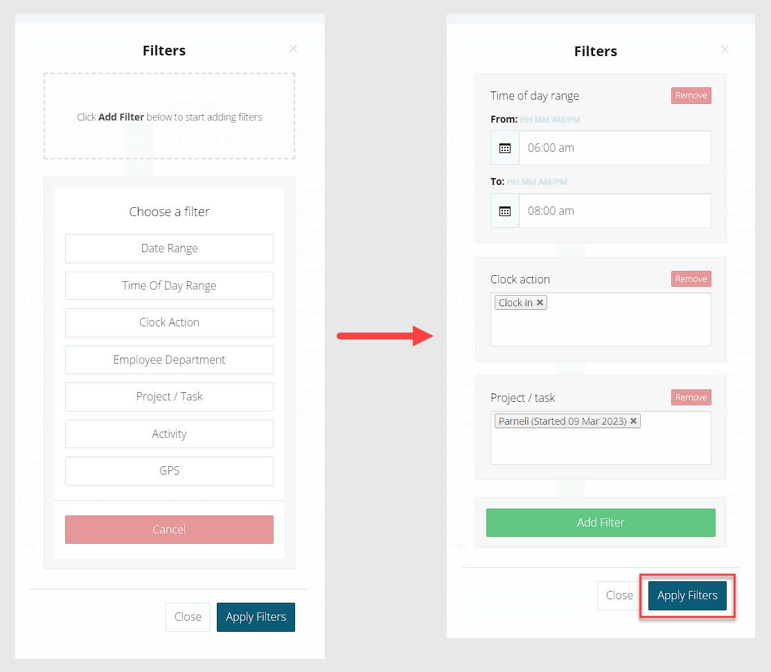 Apply filters to time entries