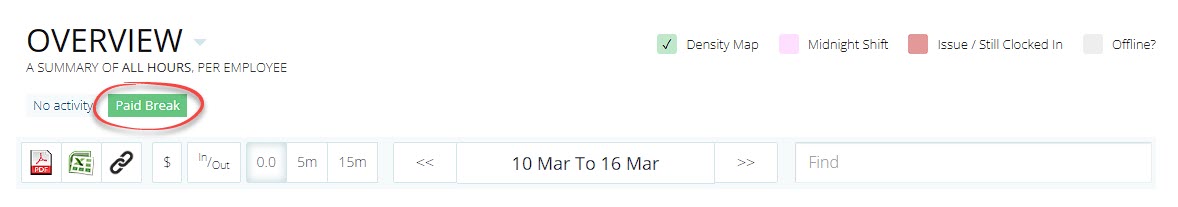 TimeDock timesheet activity filter for paid breaks