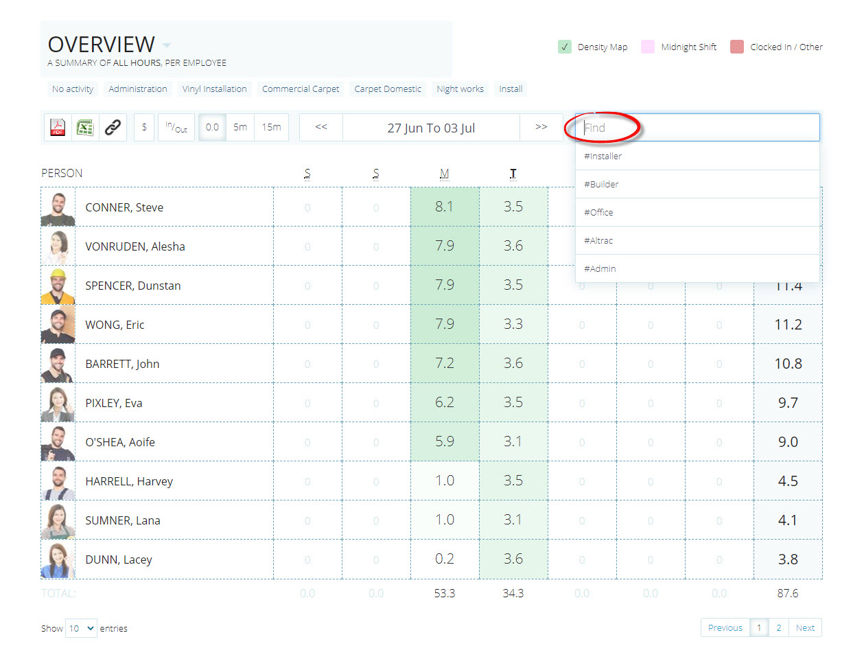 TimeDock timesheet department filter